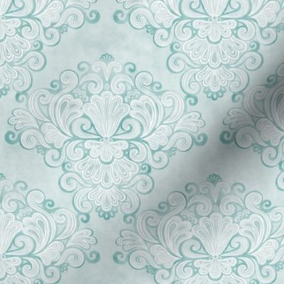 Rococo Damask Mint Green Mini- Small Scale- Face Mask- Romantic Linen Texture Wallpaper
