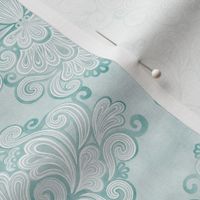 Rococo Damask Mint Green Mini- Small Scale- Face Mask- Romantic Linen Texture Wallpaper