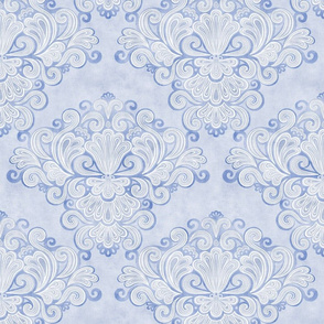 Rococo Damask Periwinkle Blue- Lavender Small Scale- Face Mask- Romantic Linen Texture Wallpaper