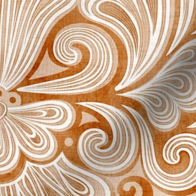 Rococo Damask Copper- Burnt Orange- Large Scale- Romantic Home Decor- Romantic Linen Texture Wallpaper