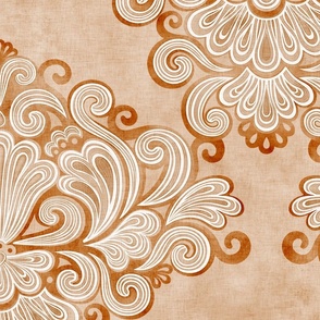 Rococo Damask Copper- Burnt Orange- Large Scale- Romantic Home Decor- Romantic Linen Texture Wallpaper