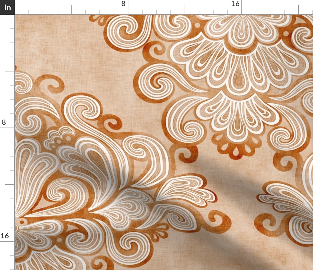 Rococo Damask Copper- Burnt Orange- Large Scale- Romantic Home Decor- Romantic Linen Texture Wallpaper