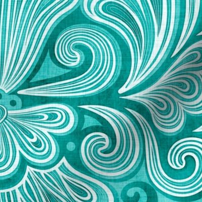 Rococo Damask Turquoise- Peacock -Large Scale- Romantic Home Decor- Romantic Linen Texture Wallpaper