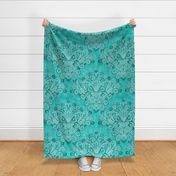 Rococo Damask Turquoise- Peacock -Large Scale- Romantic Home Decor- Romantic Linen Texture Wallpaper