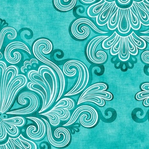 Rococo Damask Turquoise- Peacock -Large Scale- Romantic Home Decor- Romantic Linen Texture Wallpaper