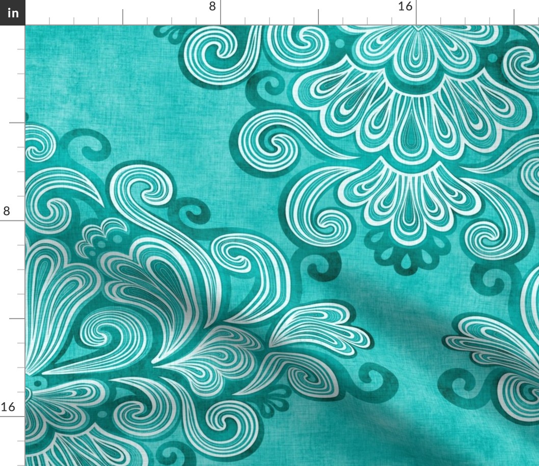 Rococo Damask Turquoise- Peacock -Large Scale- Romantic Home Decor- Romantic Linen Texture Wallpaper