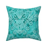 Rococo Damask Turquoise- Peacock- Medium- Romantic Home Decor- Romantic Linen Texture Wallpaper