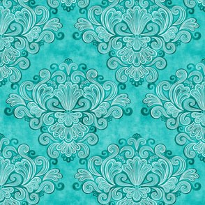 Rococo Damask Turquoise Peacock- Small Scale- Face Mask- Romantic Linen Texture Wallpaper