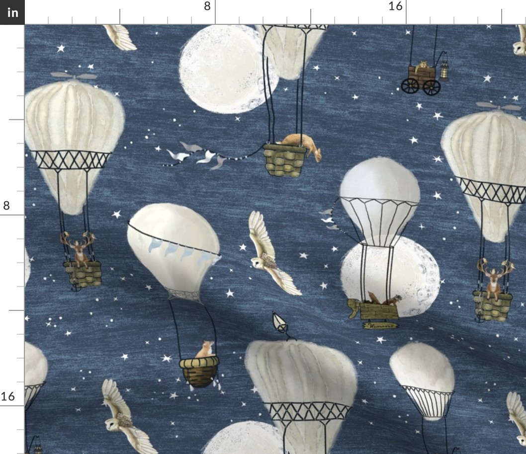 White hot air balloons, stars and moon medium scale with woodland animals on blue, baby boy nursery wallpaper, boy home decor, hand-drawn, wallpaper, wildlings, owl, deer, fox, nursery, baby boy, home decor