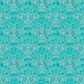 Rococo Damask Turquoise- Peacok- Mini- Small Scale- Face Mask- Romantic Linen Texture Wallpaper