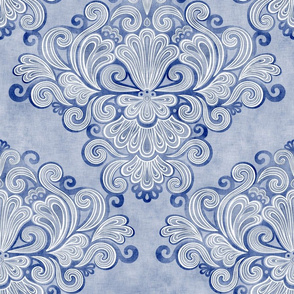 Rococo Damask Royal Blue- Medium- Romantic Home Decor- Romantic Linen Texture Wallpaper