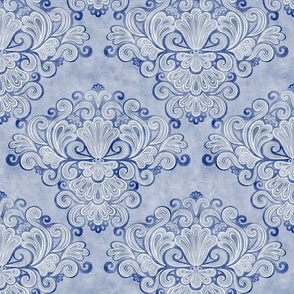 Rococo Damask Royal Blue- Small Scale- Face Mask- Romantic Linen Texture Wallpaper