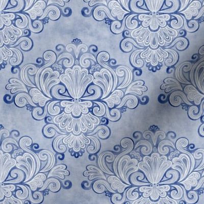 Rococo Damask Royal Blue Mini- Small Scale- Face Mask- Romantic Linen Texture Wallpaper