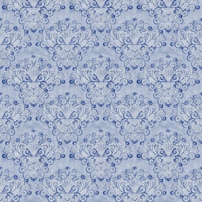 Rococo Damask Royal Blue Mini- Small Scale- Face Mask- Romantic Linen Texture Wallpaper