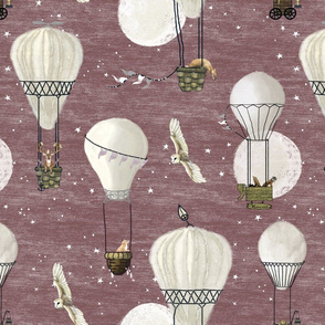 White hot air balloons, stars and moon medium scale nursery wallpaper, nursery home decor, earth tones,  with woodland animals on baby lavender or maroon, wildlings, owl, nursery, baby girl, home decor, kids
