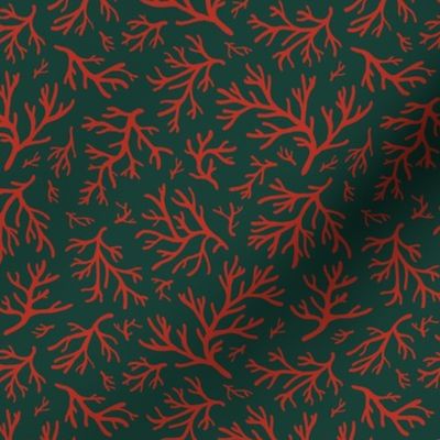 Abstract Coral in Christmas Red on Forest Green - Small