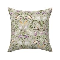 Flower Meadow Damask medium scale hand drawn,  wild flower, song bird, rose, daisy, garden, stars, baby girl, nursery, grand millennial, granny chic,  mirror image , pillow