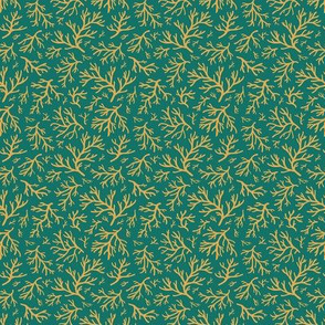 Abstract Coral in Mustard Gold on Emerald Green - Tiny