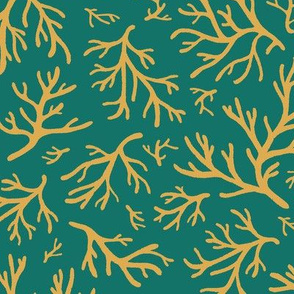 Abstract Coral in Mustard Gold on Emerald Green - Medium