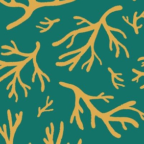 Abstract Coral in Mustard Gold on Emerald Green - Large