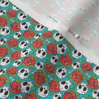 Skulls and Roses Red on Blue Tiny Small 0,5 inch Rotated