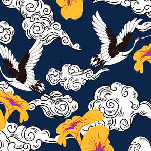 Japanese Clouds and Cranes No.1 Navy Blue - Large Version