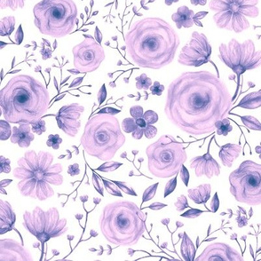 Vintage English Garden Chintz - lavender purple on white 