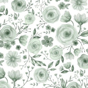 Vintage English Garden Chintz - sage green on white 