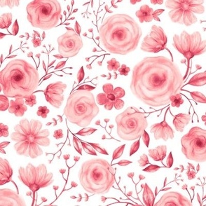 Vintage English Garden Chintz - rose pink on white 