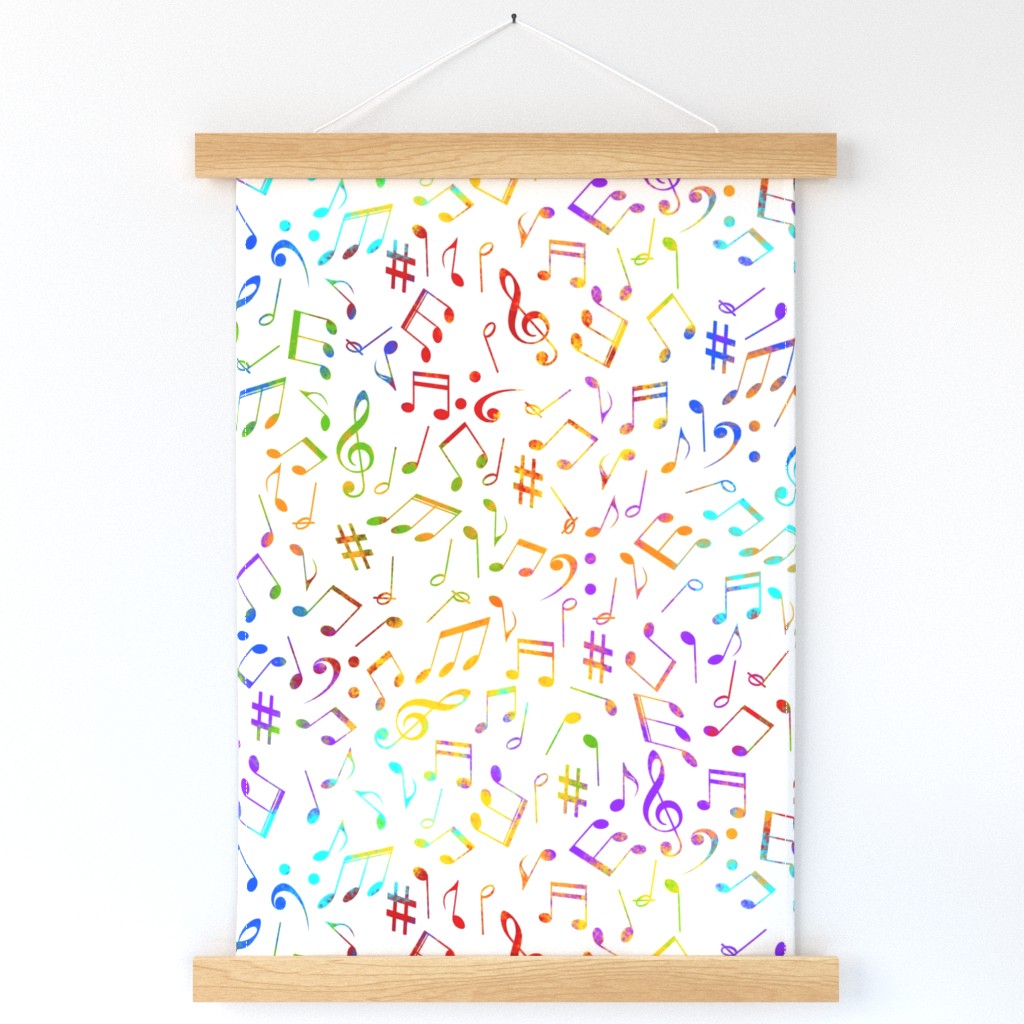 scattered music notes rainbow on white