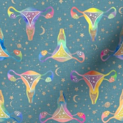 Uterus Universe - rainbow on teal - medium