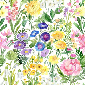Watercolor colorful flowers on white