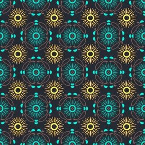 Geometric pattern with teal and yellow curls