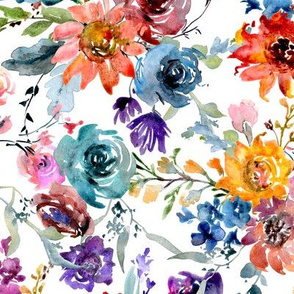 Bright watercolor colorful flowers on white