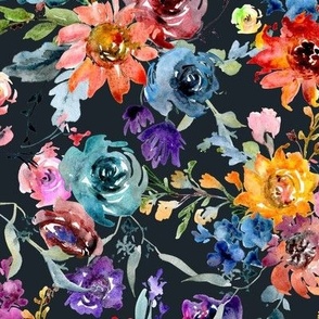 Bright watercolor flowers on dark