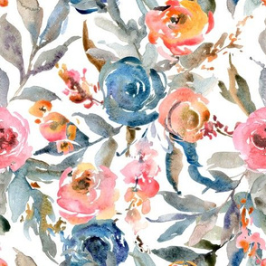 Watercolor pink & blue flowers on white