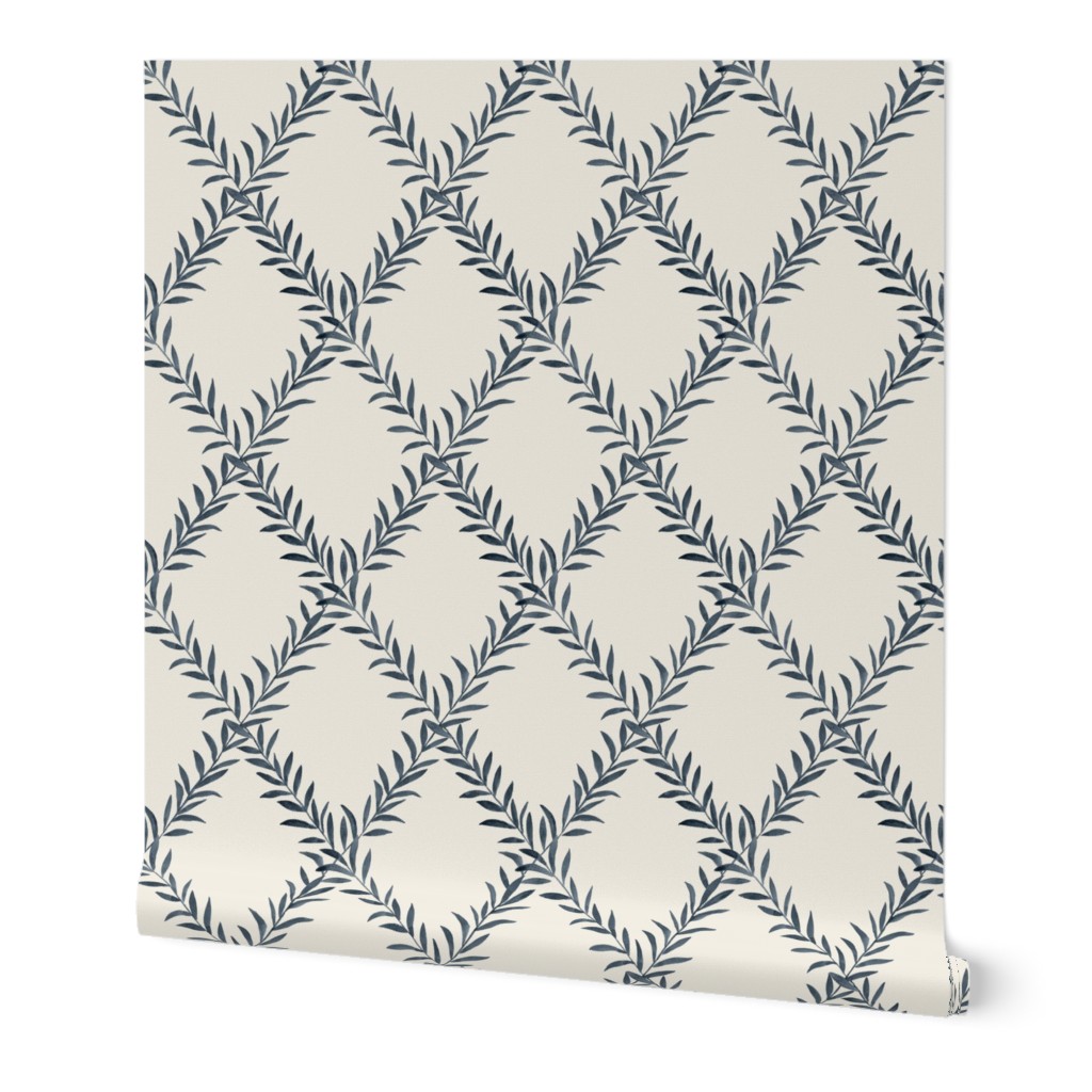 Leafy Trellis Steel Blue on Cream