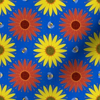 Yellow and Red Sunflowers with Chunky Bees on Blue by Brittanylane