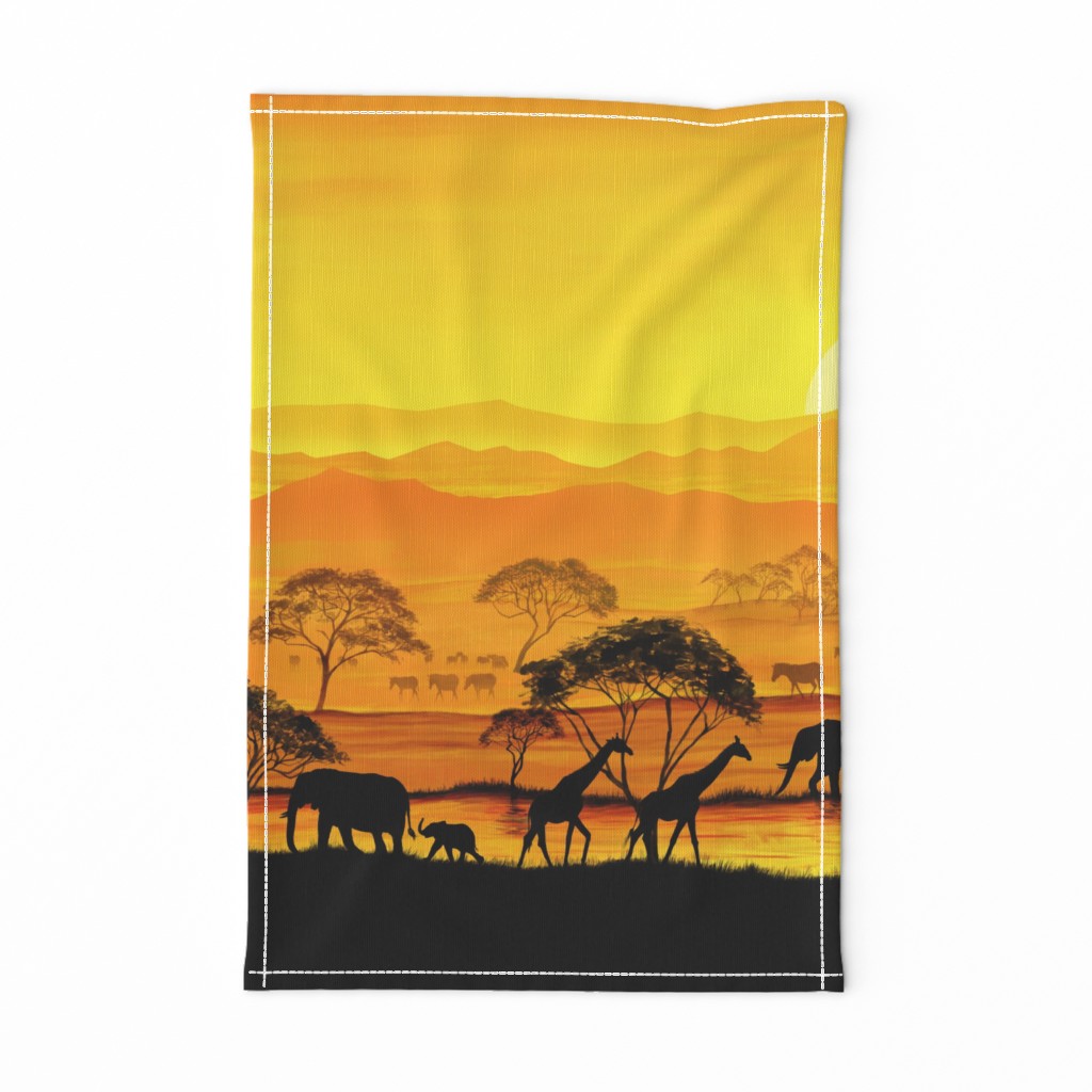 Savannah Sunset, Elephants, Giraffes and Zebras, Africa.