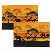 Savannah Sunset, Elephants, Giraffes and Zebras, Africa.