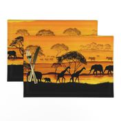 Savannah Sunset, Elephants, Giraffes and Zebras, Africa.