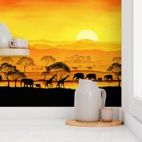 Savannah Sunset, Elephants, Giraffes and Zebras, Africa.