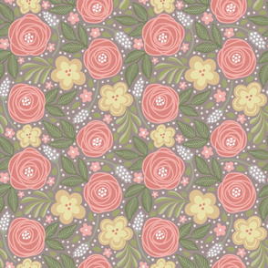 Cottage Rose Floral- Mauve Background
