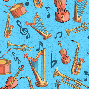 Orange and Yellow Musical Instruments Line Art Blue Background 