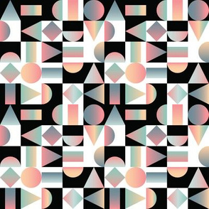 Abstract Geometric Composition Black and White Shapes on Checkered Gradients Inverted