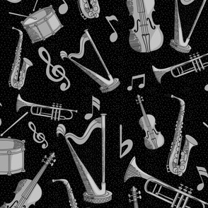 Black and White Musical Instruments Hand Drawn on Black Background