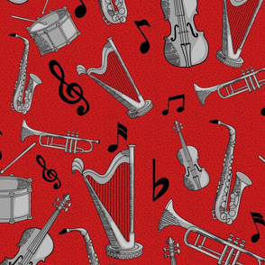 Musical Instruments Hand Drawn with Red Background