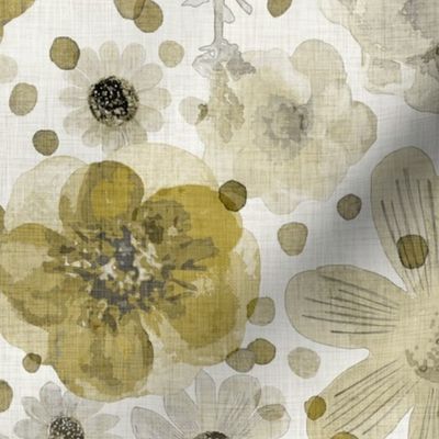 Hand painted Floral Gold Extra Large- Romantic Large Scale Watercolor Flowers- Spring Roses, Daisies and Wildflowers- Yellow- Jumbo Scale Botanical Wallpaper