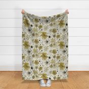 Hand painted Floral Gold Extra Large- Romantic Large Scale Watercolor Flowers- Spring Roses, Daisies and Wildflowers- Yellow- Jumbo Scale Botanical Wallpaper