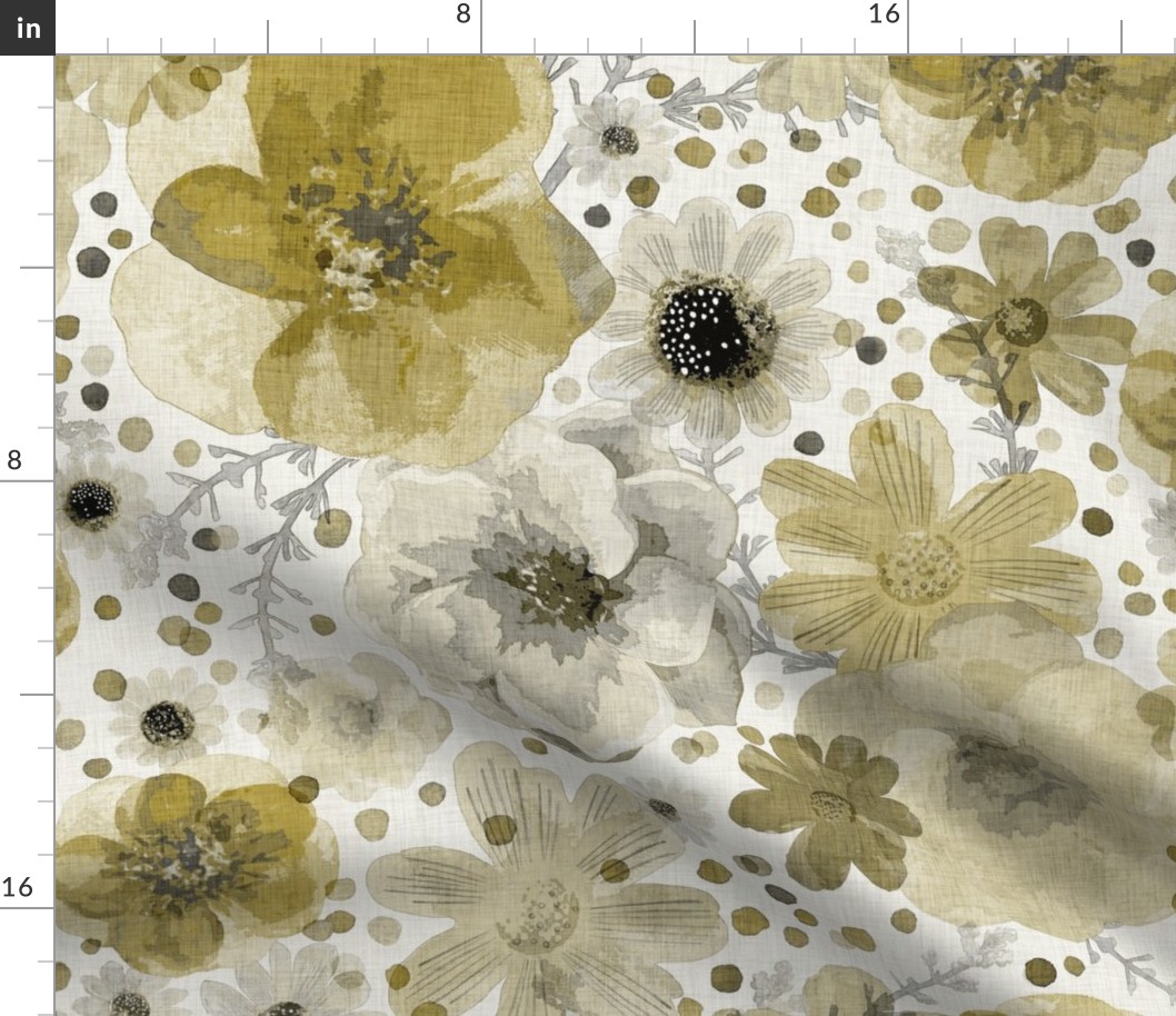 Hand painted Floral Gold Extra Large- Romantic Large Scale Watercolor Flowers- Spring Roses, Daisies and Wildflowers- Yellow- Jumbo Scale Botanical Wallpaper